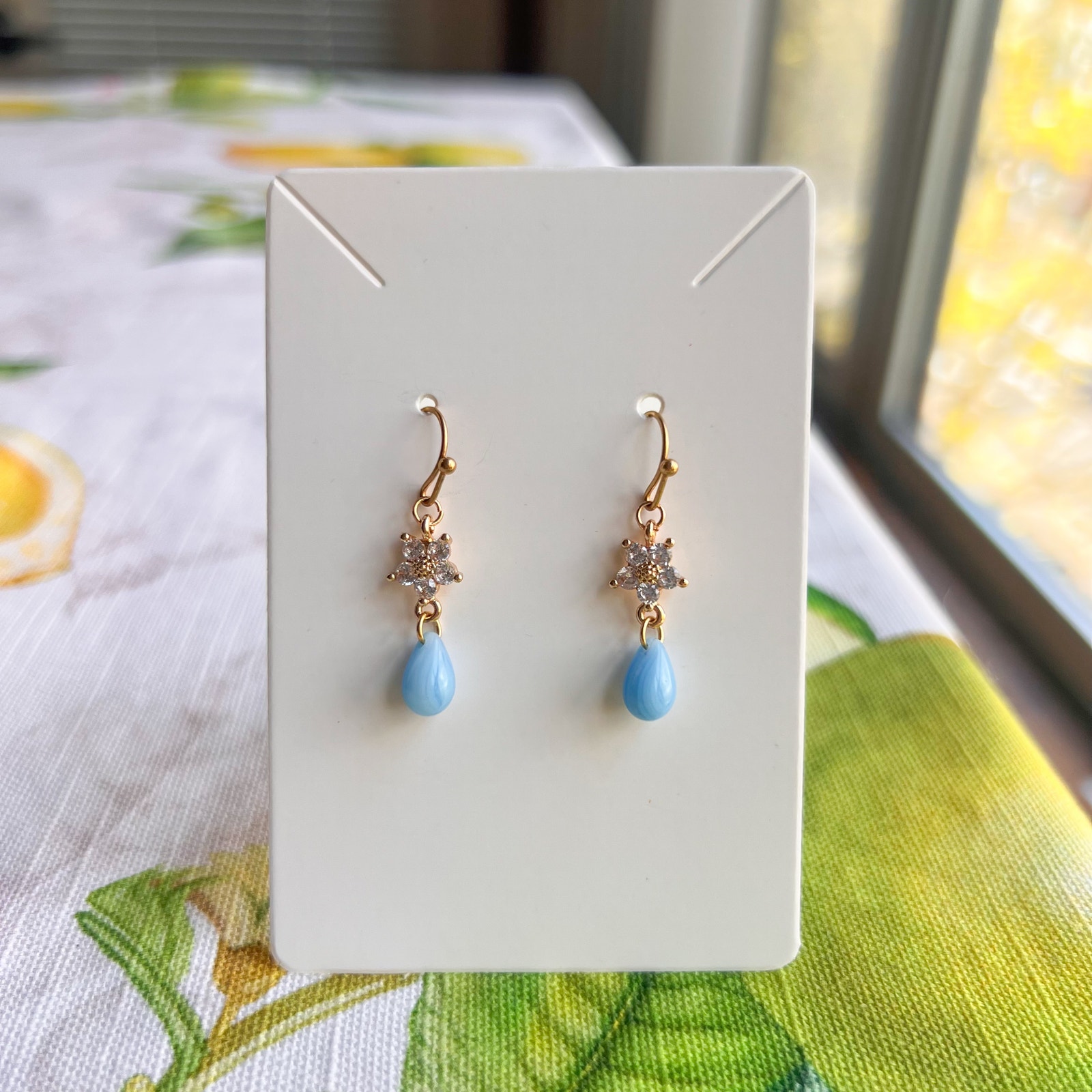 Sky Blue Czech Glass Peach Flower Floral Blossom Daisy Cottagecore Fun Earrings 25$